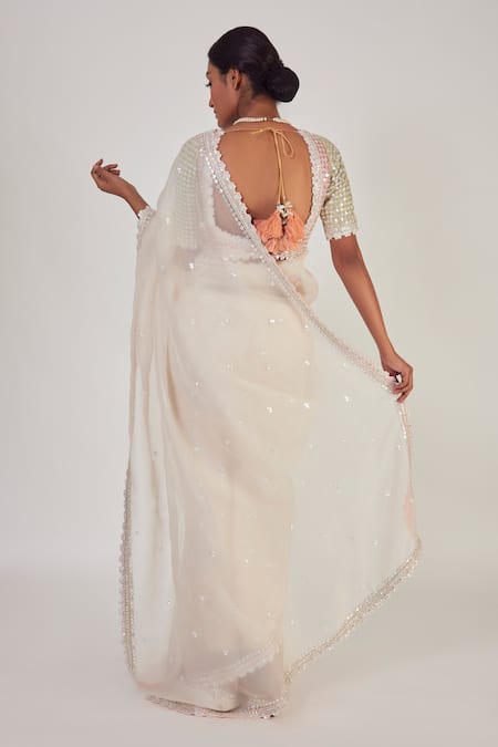 Shop_Onaya_Off White Organza Embroidered Saree With Blouse_at_Aza_Fashions