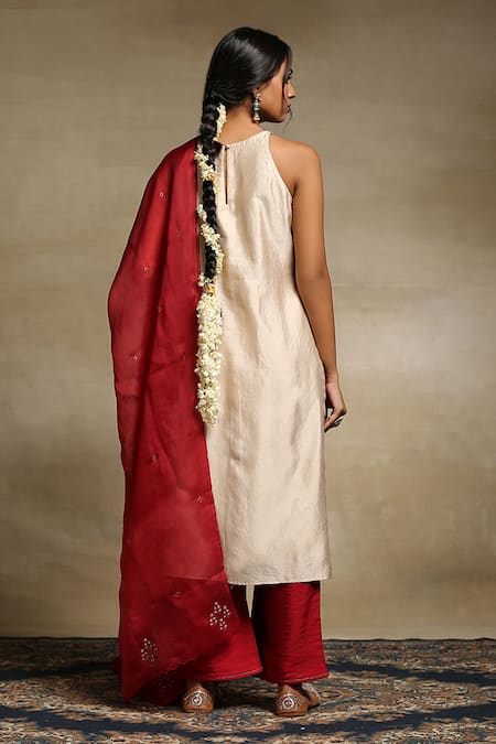 Shop_Weaver Story_Beige Dupatta Organza, Handwoven Pure Chanderi, Kurta Lining Cotton Set _at_Aza_Fashions