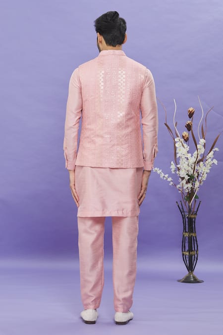 Shop_Arihant Rai Sinha_Pink Silk Embroidery Geometric Printed Bundi Kurta Set _at_Aza_Fashions