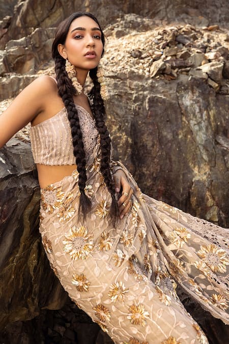Shop_Nandita Thirani_Beige Tulle Embroidery Sweetheart Neck Floral Pant Saree With Bustier _at_Aza_Fashions