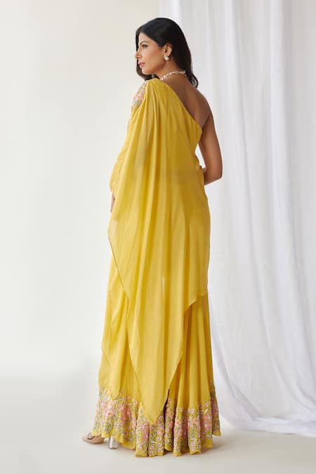 Shop Koashee By Shubitaa Yellow Silk Embroidery One Shoulder Resham Sharara Top Set at Aza Fashions Shop_Koashee By Shubitaa_Yellow Silk Embroidery One Shoulder Resham Sharara Top Set _at_Aza_Fashions