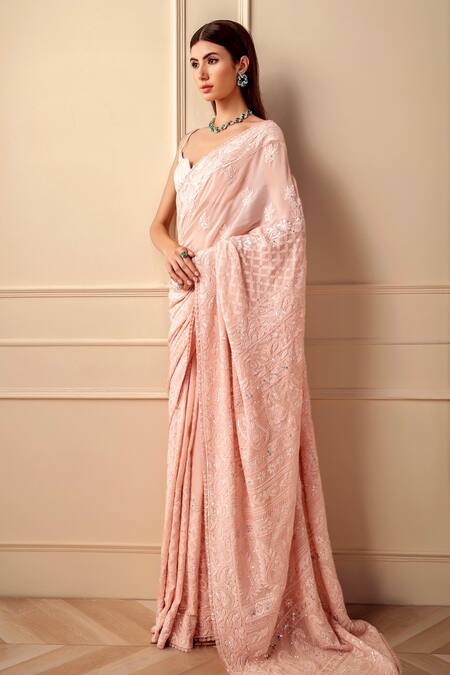 Shop_Sawan Gandhi_Peach Georgette Sequins Embroidered Saree With Blouse_at_Aza_Fashions