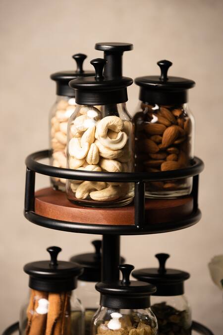 Shop S. G. Home Black Metal And Wood Rotary 7 Jar Spice Rack at Aza Fashions Shop_S. G. Home_Black Metal And Wood Rotary 7 Jar Spice Rack_at_Aza_Fashions