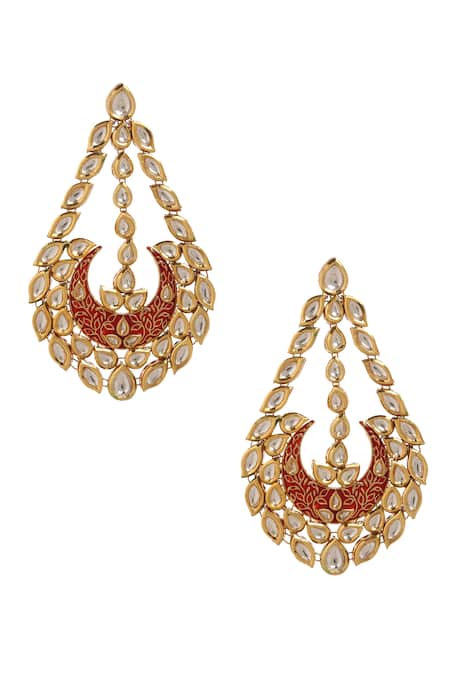 Minaki_Red Metallic Thread, Diamonds Geometric Embellished Chandbalis _Online_at_Aza_Fashions