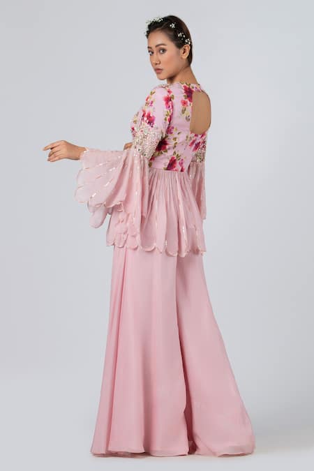 Shop Suruchi Parakh Pink And Georgette Beads & Thread, Peplum Tunic & Flared Pant Set at Aza Fashions Shop_Suruchi Parakh_Pink And Georgette Beads & Thread, Peplum Tunic & Flared Pant Set _at_Aza_Fashions