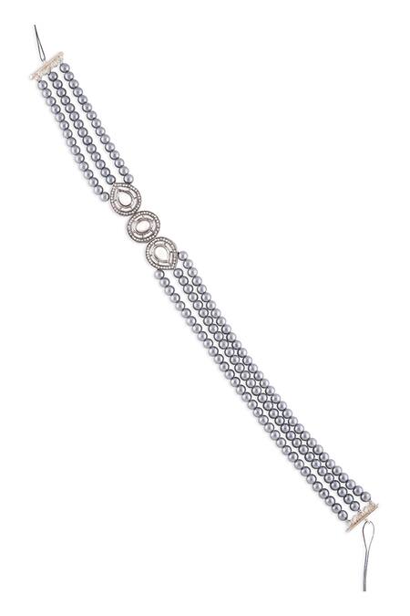 Shop Ahaanya Grey Pearl Embellished Mathapatti at Aza Fashions Shop_Ahaanya_Grey Pearl Embellished Mathapatti_at_Aza_Fashions