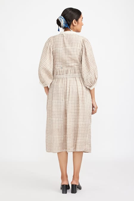 Shop_Jayati Goenka_White Cotton Mandarin Collar Hand Block Printed Dress _at_Aza_Fashions