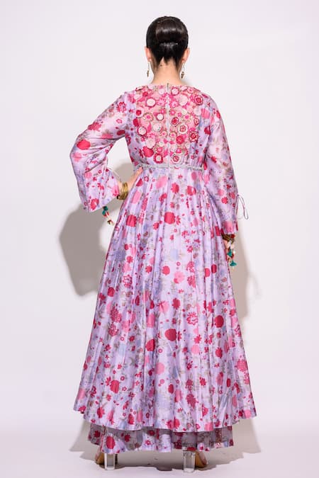 Shop Aangan By Parul Purple Silk Tassels Round Neck Floral Embroidered Kurta And Sharara Set at Aza Fashions Shop_Aangan By Parul_Purple Silk Tassels Round Neck Floral Embroidered Kurta And Sharara Set _at_Aza_Fashions