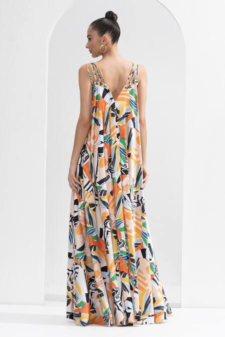 Mandira Wirk Resort Yellow Satin V-neck Abstract Print Strappy Dress Online at Aza Fashions Mandira Wirk Resort_Yellow Satin V-neck Abstract Print Strappy Dress _Online_at_Aza_Fashions