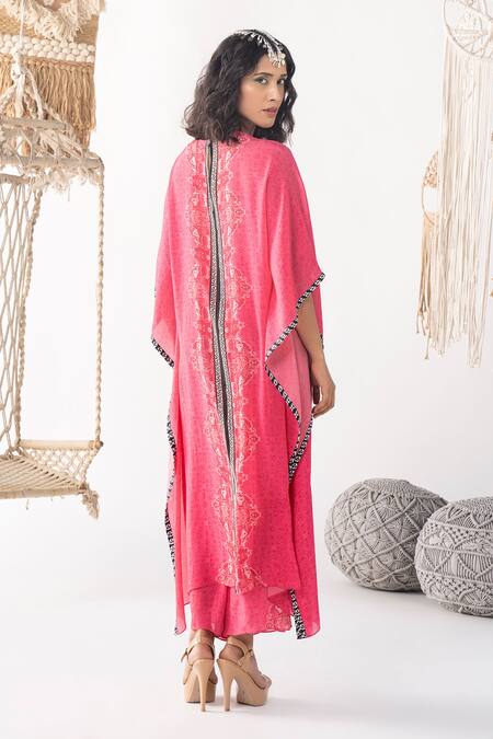 Shop Chhavvi Aggarwal Pink Crepe Embroidery Round Neck Floret Pattern Kaftan And Palazzo Set at Aza Fashions Shop_Chhavvi Aggarwal_Pink Crepe Embroidery Round Neck Floret Pattern Kaftan And Palazzo Set_at_Aza_Fashions