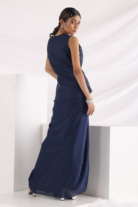 Shop_Smriti By Anju Agarwal_Blue Linen Embroidery Bead Notched Midnight Draped Gown And Jacket _at_Aza_Fashions