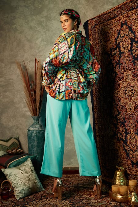 Shop_Esha L Amin_Blue Viscose, Crepe Solid Straight Pant _at_Aza_Fashions