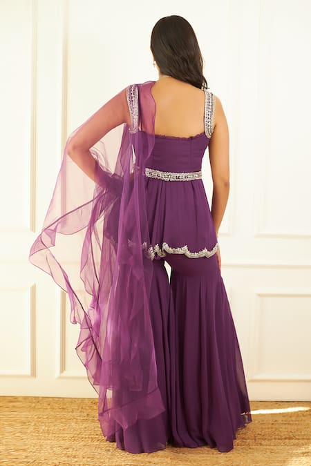 Shop_Label Sanya Gulati_Purple Organza, Georgette, Lining Peplum Gharara Set With Ruffle Dupatta_at_Aza_Fashions