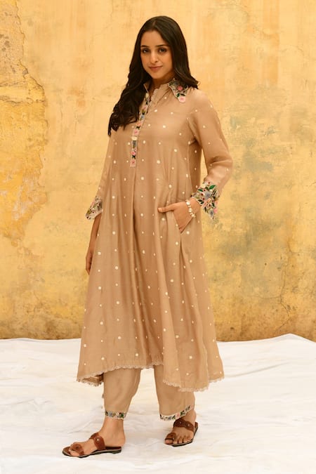 Shop_Label Niti Bothra_Ivory Silk Embroidery Collared Polka Dot Shirt Kurta And Palazzo Set _at_Aza_Fashions