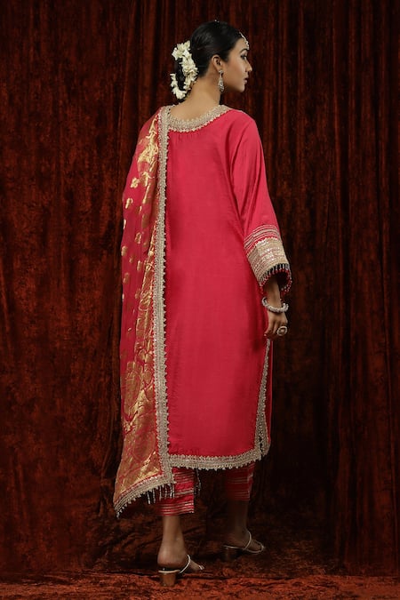 Shop Shikhar Sharma Pink Silk, Georgette, Chanderi Pearls, Embroidery, Gota Patti, Kurta Pant Set at Aza Fashions Shop_Shikhar Sharma_Pink Silk, Georgette, Chanderi Pearls, Embroidery, Gota Patti, Kurta Pant Set _at_Aza_Fashions