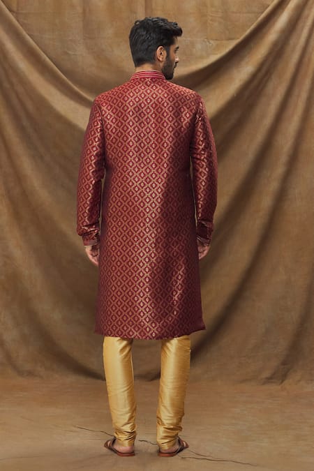 Shop Arihant Rai Sinha Maroon Jacquard, Silk Embroidery Metallic Floret Pattern Kurta at Aza Fashions Shop_Arihant Rai Sinha_Maroon Jacquard, Silk Embroidery Metallic Floret Pattern Kurta _at_Aza_Fashions