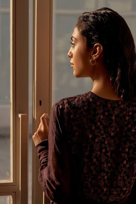 Shop Dot Wine Chanderi Embroidery Round Neck Hand Ghoomar Anarkali at Aza Fashions Shop_Dot_Wine Chanderi Embroidery Round Neck Hand Ghoomar Anarkali _at_Aza_Fashions