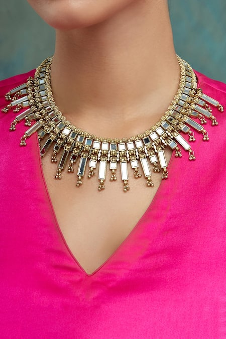 Shop House Of Tuhina Gold Plated Mirror Studded Falak Qabeela Necklace at Aza Fashions Shop_House Of Tuhina_Gold Plated Mirror Studded Falak Qabeela Necklace _at_Aza_Fashions