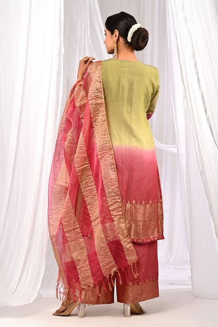 The Home Affair_Wine Chanderi, Cotton Tassels, Zari Pure Pintucked Ombre Kurta Palazzo Set _Online_at_Aza_Fashions