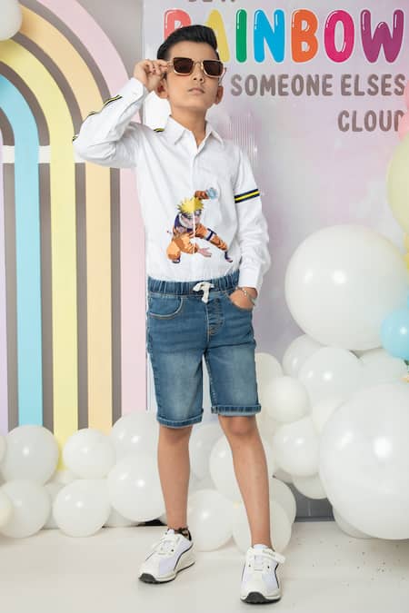 Shop Hoity Moppet White Cotton Embroidery Naruto Pattern Shirt at Aza Fashions Shop_Hoity Moppet_White Cotton Embroidery Naruto Pattern Shirt _at_Aza_Fashions