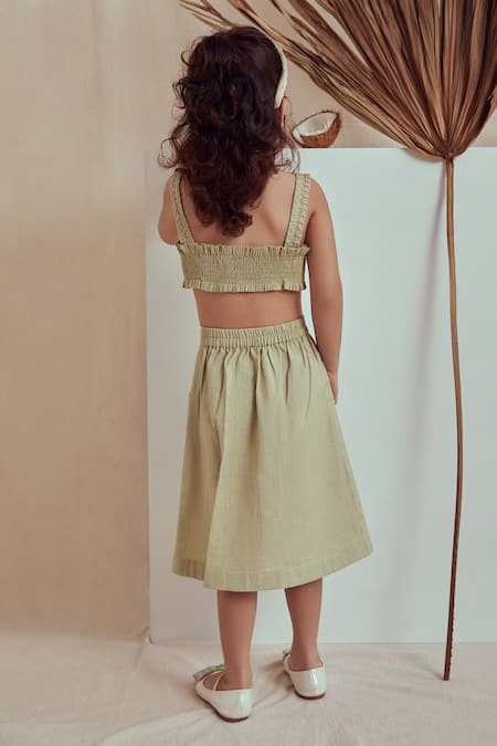 Shop_The Right Cut_Green Linen, Cotton Embroidery Meryn Crop Top And Skirt Set _at_Aza_Fashions