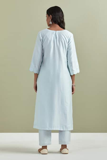 Shop Priya Chaudhary Blue Chanderi Silk, Kota Doria Pearls, Cut Work Floral Embroidered Kurta Set at Aza Fashions Shop_Priya Chaudhary_Blue Chanderi Silk, Kota Doria Pearls, Cut Work Floral Embroidered Kurta Set _at_Aza_Fashions