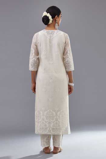 Shop Kora Off White Cotton Sequins Mandarin Collar, Round Neck Embroidered Kurta Pant Set at Aza Fashions Shop_Kora_Off White Cotton Sequins Mandarin Collar, Round Neck Embroidered Kurta Pant Set _at_Aza_Fashions