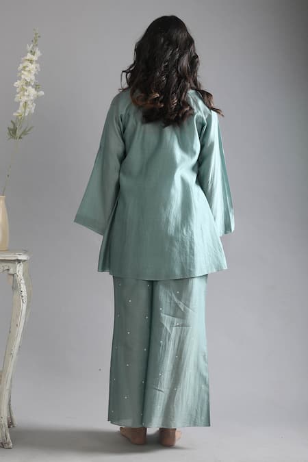 Shop Khat Green Chanderi Silk Round Neck Top And Polka Pattern Pant Set at Aza Fashions Shop_Khat_Green Chanderi Silk Round Neck Top And Polka Pattern Pant Set _at_Aza_Fashions