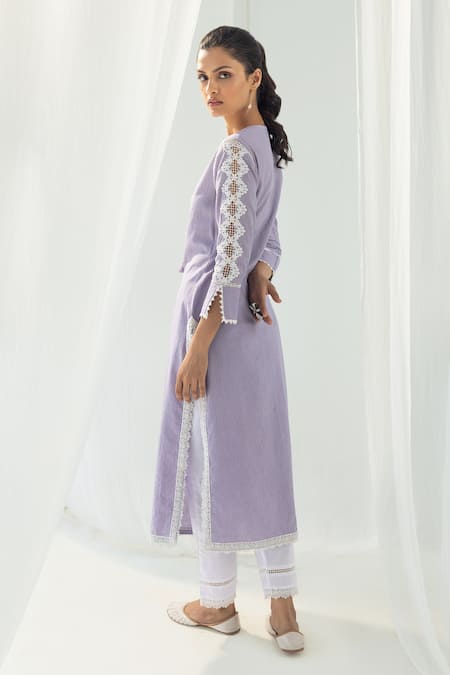 Shop Roze Purple Cotton, Chiffon Beads, Fringe, Cut Eden Front Tasselled Kurta Pant Set at Aza Fashions Shop_Roze_Purple Cotton, Chiffon Beads, Fringe, Cut Eden Front Tasselled Kurta Pant Set _at_Aza_Fashions