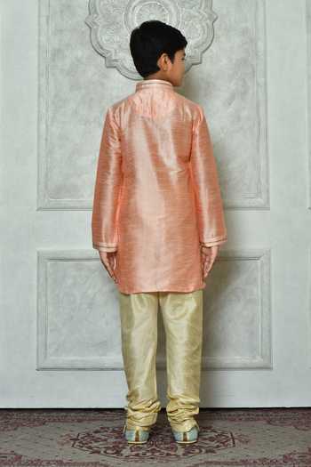Shop Petite Pomme Peach Silk Embroidery Mandarin Collar Kurta at Aza Fashions Shop_Petite Pomme_Peach Silk Embroidery Mandarin Collar Kurta _at_Aza_Fashions