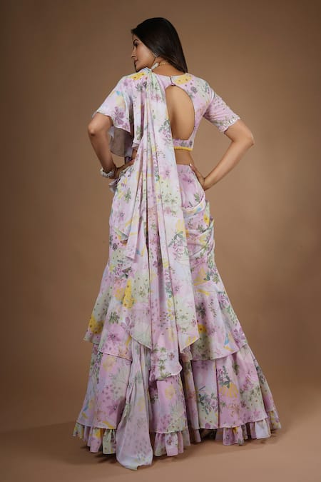 Vana Ethnics Vintage Botanical Print Pre-Draped Saree With Blouse 