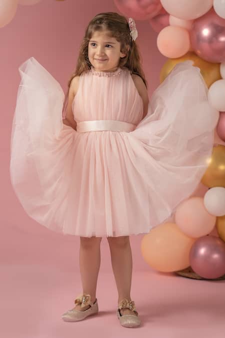 Shop Darleen Kids Couture Pink Net, Taffeta Pearls Ivy Flared Dress at Aza Fashions Shop_Darleen Kids Couture_Pink Net, Taffeta Pearls Ivy Flared Dress _at_Aza_Fashions