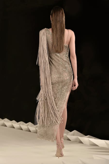 Shop_Rohit Gandhi + Rahul Khanna_Beige Tulle Crystals, Sequins, Pearls One Prism Embellished High Slit Dress _at_Aza_Fashions