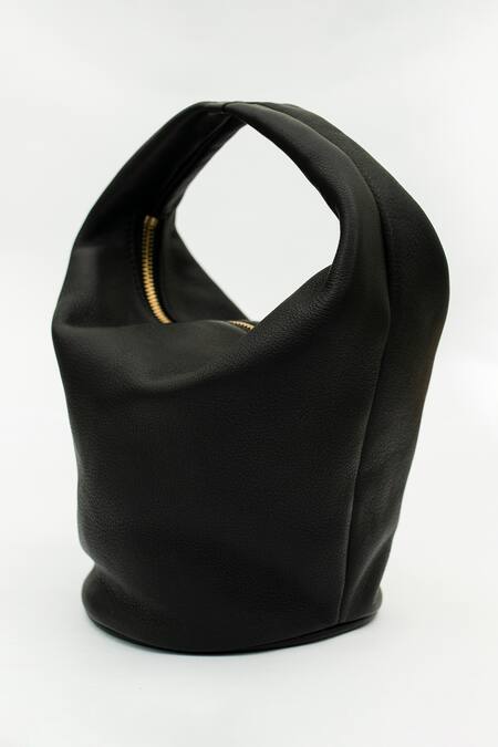 Shop_Saurav Ghosh_Black Metallic Thread Studio Leather Bucket Bag_at_Aza_Fashions