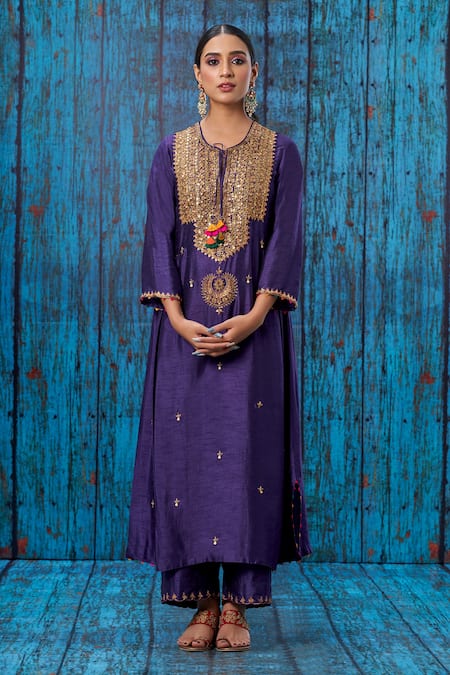 Shop_Label Niti Bothra_Purple Silk Marodi, Tikki, Zardozi Round Neck Kurta And Palazzo Set _at_Aza_Fashions