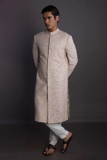 Shop Gram Of Ink Pink Silk, Tissue Embroidery Spring Sherwani Set at Aza Fashions Shop_Gram Of Ink_Pink Silk, Tissue Embroidery Spring Sherwani Set_at_Aza_Fashions