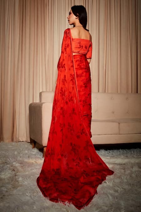 Shop_Dohr India_Red Organza, Silk Embroidery Border Saree With Unstitched Blouse Piece _at_Aza_Fashions