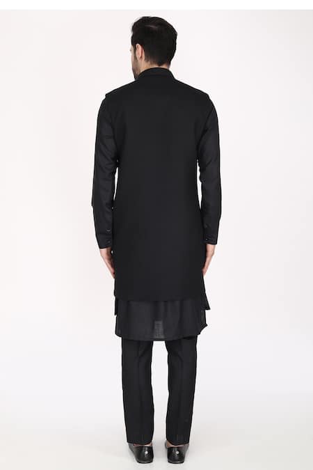 Shop_Manish Nagdeo_Black Silk Applique, Embroidery Hand Bundi Kurta Set _at_Aza_Fashions