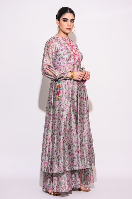 Shop_Aangan By Parul_Grey Silk Tassels Crew Neck Floral Embroidered Yoke Kurta And Sharara Set _at_Aza_Fashions
