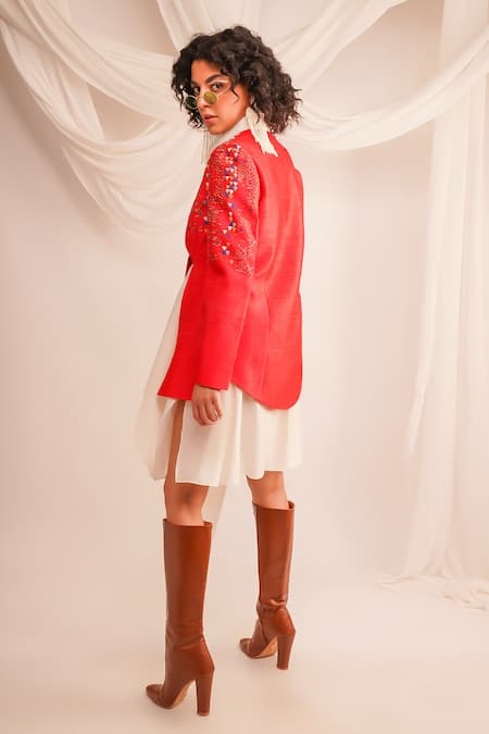 Shop Jajaabor Coral Silk Dupion Embroidery Geometric Jacket Open Textured With Shirt Dress at Aza Fashions Shop_Jajaabor_Coral Silk Dupion Embroidery Geometric Jacket Open Textured With Shirt Dress _at_Aza_Fashions
