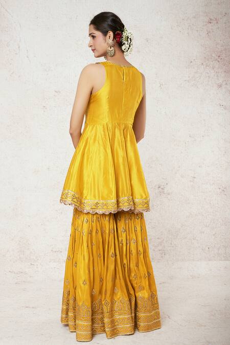 Gopi Vaid Yellow Tussar, Organza Foil Printing, Nabha Embellished Peplum Top Sharara Set Online at Aza Fashions Gopi Vaid_Yellow Tussar, Organza Foil Printing, Nabha Embellished Peplum Top Sharara Set _Online_at_Aza_Fashions