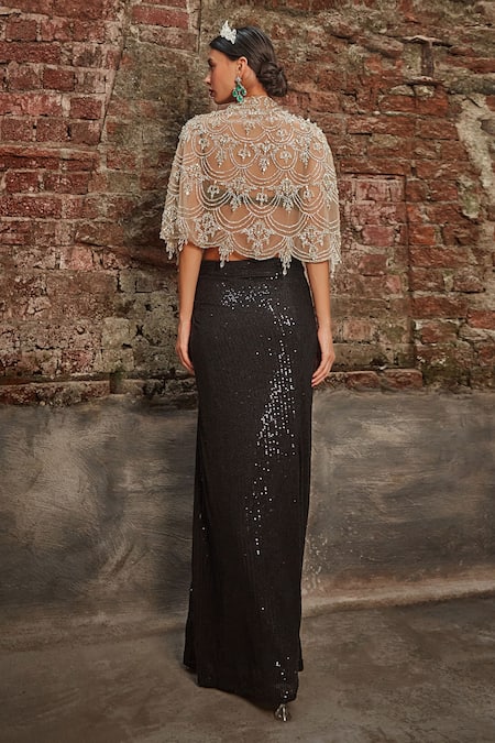 Cherie D Majesty Crystal Embroidered Cape & Draped Skirt Set 