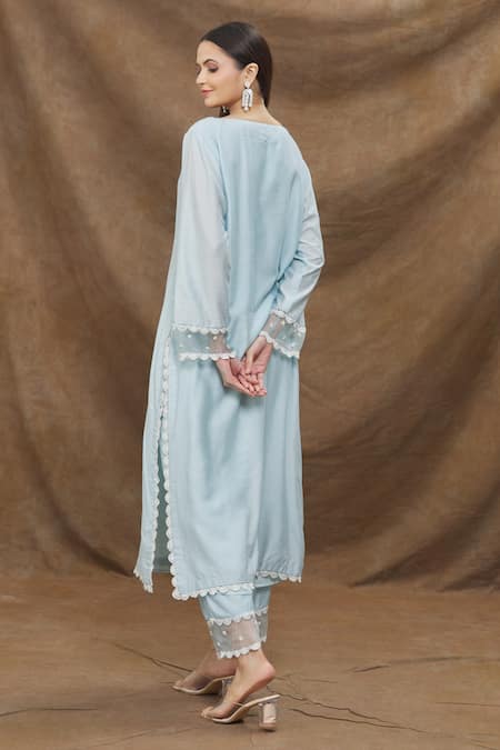 Shop_Kanj By Priyanka A Sakhuja_Blue Silk Chanderi Embroidery Thread Work Round Notched Kurta Pant Set _at_Aza_Fashions