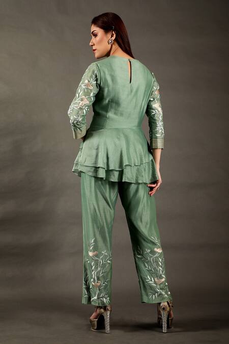 Shop_Omana By Ranjana Bothra_Green Cotton, Chanderi Embroidery Round Neck Bird Layered Peplum And Pant Set _at_Aza_Fashions