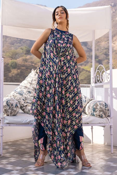 Shop Suruchi Parakh Blue Viscose, Tussar Embroidery Round Neck Floral Print Kurta And Pant Set at Aza Fashions Shop_Suruchi Parakh_Blue Viscose, Tussar Embroidery Round Neck Floral Print Kurta And Pant Set _at_Aza_Fashions