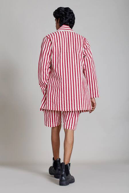 Shop MATI Off White 100% Cotton Striped Shawl Collar Jacket at Aza Fashions Shop_MATI_Off White 100% Cotton Striped Shawl Collar Jacket_at_Aza_Fashions