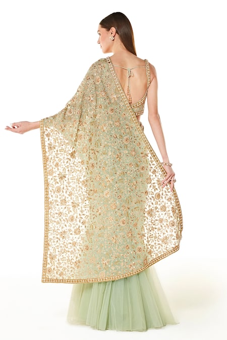 Shop Rabani & Rakha Green Net, Georgette Sequins, Sairaa Embroidered Lehenga Saree With Blouse at Aza Fashions Shop_Rabani & Rakha_Green Net, Georgette Sequins, Sairaa Embroidered Lehenga Saree With Blouse _at_Aza_Fashions