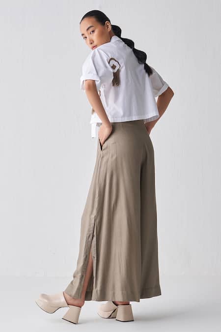 Shop_Three_Grey Tencel Plain Inverted Box Pleated Pant _at_Aza_Fashions