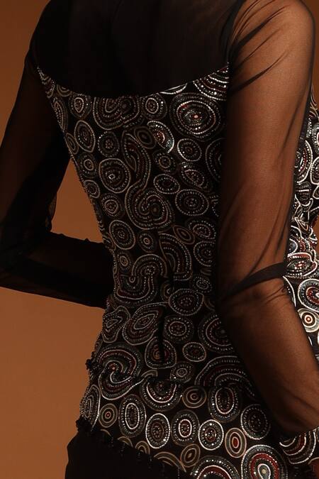 Shop_Sejal Kamdar_Black Pure Satin Crepe Print Ajrak Round Neck Structured Gown  _at_Aza_Fashions