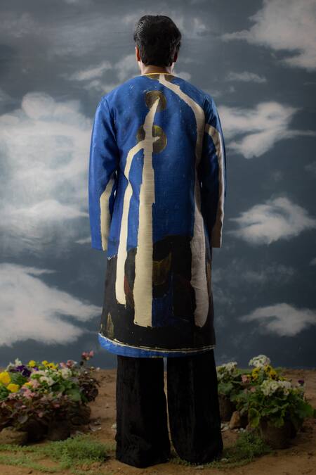 Shop Saksham & Neharicka Blue Silk Embroidery Abstract Print And Thread Kurta at Aza Fashions Shop_Saksham & Neharicka_Blue Silk Embroidery Abstract Print And Thread Kurta_at_Aza_Fashions